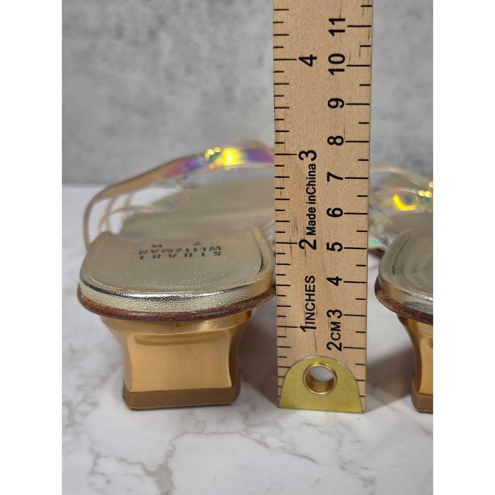 Stuart Weitzman Focus Gold Iridescent Holographic Kitten Heel Sandals 7M Y2K - Picture 7 of 12